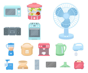 家用電器的類型黑色圖標(biāo)集合中的設(shè)計(jì)。廚房設(shè)備矢量符號(hào)庫(kù)存 web 插圖